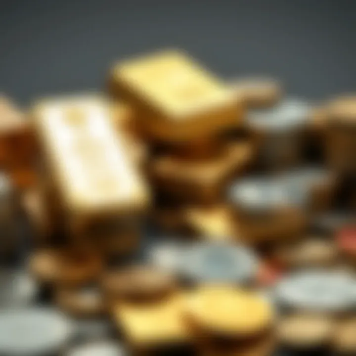 Various forms of bullion including gold and silver bars and coins