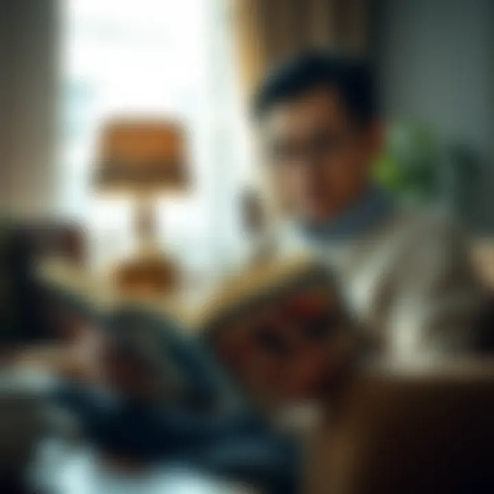 Engaging with Economics A thoughtful individual reading an economics book in a cozy setting.