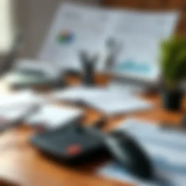 An organized desk with financial reports and market analysis tools.