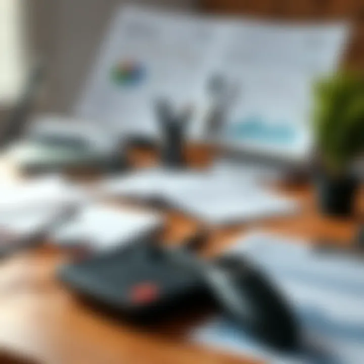 An organized desk with financial reports and market analysis tools.