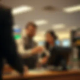 Bank teller assisting with money order deposit