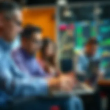 Diverse group of investors analyzing market data on laptops and tablets.