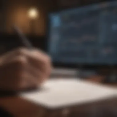 A person analyzing stock market data with a pen and notepad