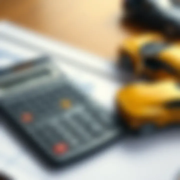 A calculator and financial planning notebook with a car model beside them