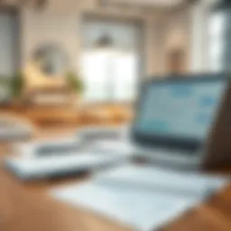 A modern workspace with financial documents and a laptop