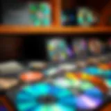 A collection of vibrant compact discs displayed on a wooden shelf