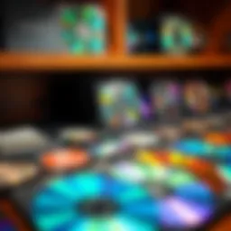 A collection of vibrant compact discs displayed on a wooden shelf