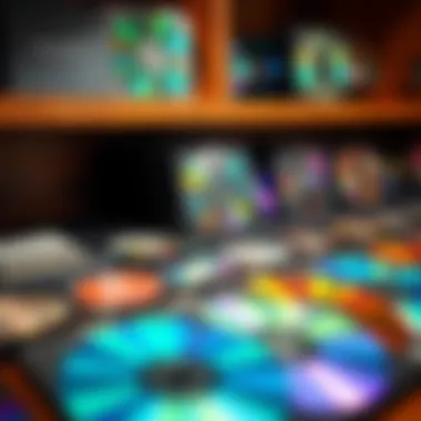 Exploring a Diverse Collection of Compact Discs A collection of vibrant compact discs displayed on a wooden shelf