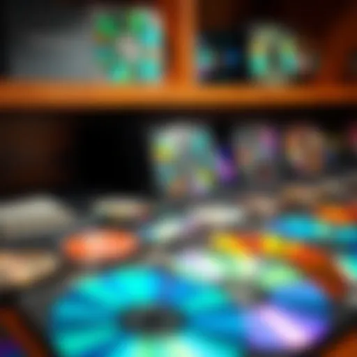 Exploring a Diverse Collection of Compact Discs A collection of vibrant compact discs displayed on a wooden shelf