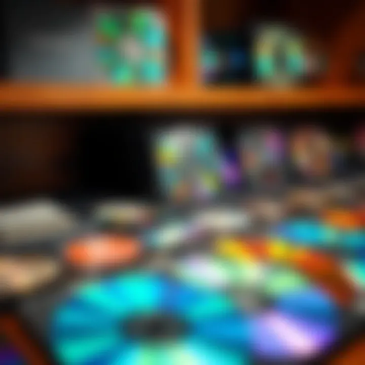 Exploring a Diverse Collection of Compact Discs A collection of vibrant compact discs displayed on a wooden shelf