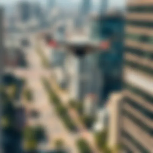 Drone hovering above an urban landscape