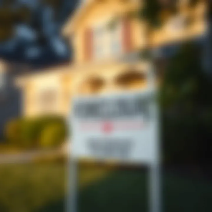 A close-up of a foreclosure sign in front of a house