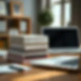 A stack of financial textbooks and a laptop on a desk.