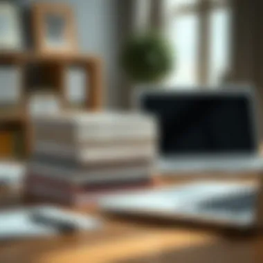 A stack of financial textbooks and a laptop on a desk.