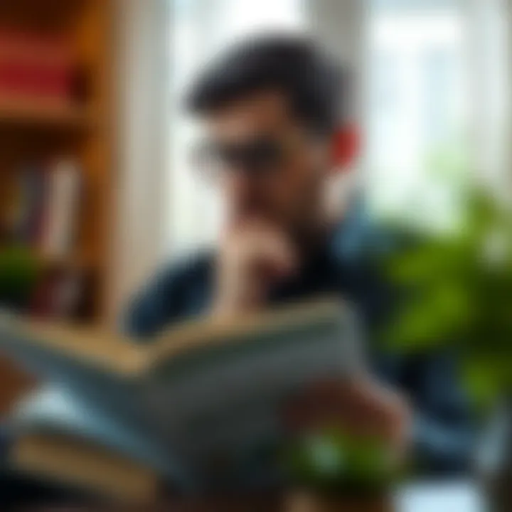 Reading Investing Book A thoughtful individual reading a stock investing book in a cozy setting