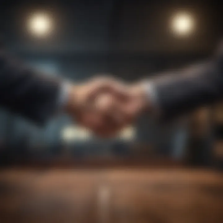 A handshake between two business individuals, representing the agreement reached in a successful sale.