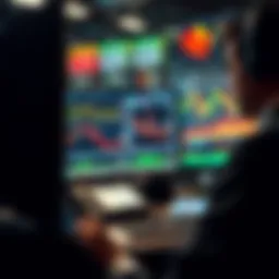 A trader analyzing stock charts on multiple screens, showcasing a focused trading environment