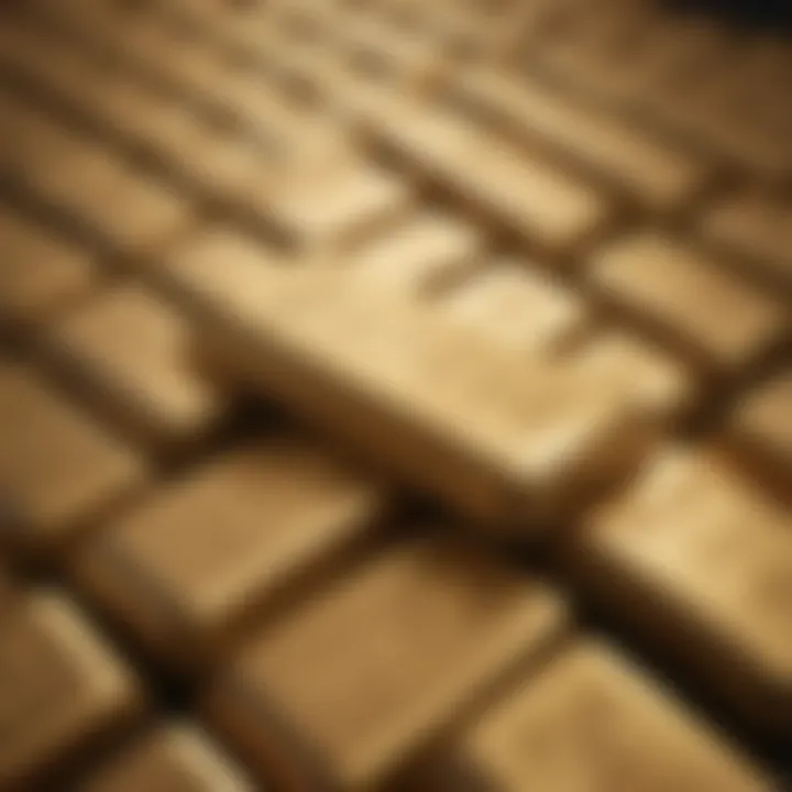 An overview of gold bullion bars stacked in a secure display.