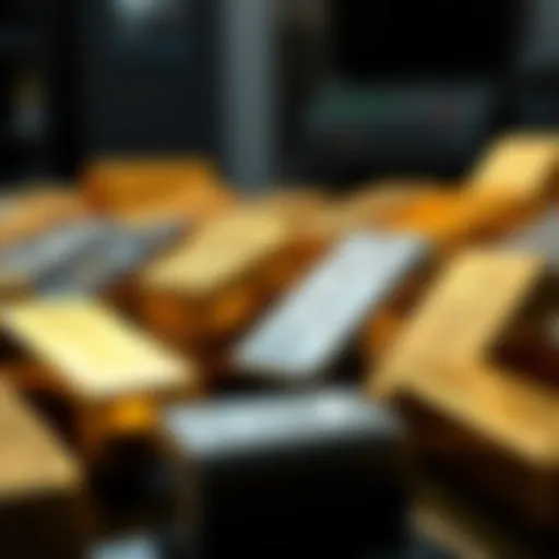 An assortment of gold and silver bullion bars lined up elegantly
