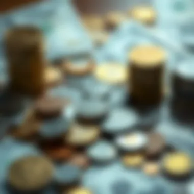 Illustration of various types of currency including coins, notes, and digital forms