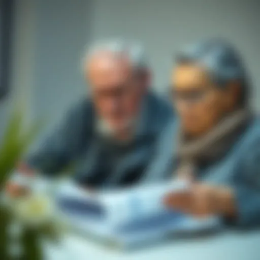 An elderly couple examining life insurance documents together